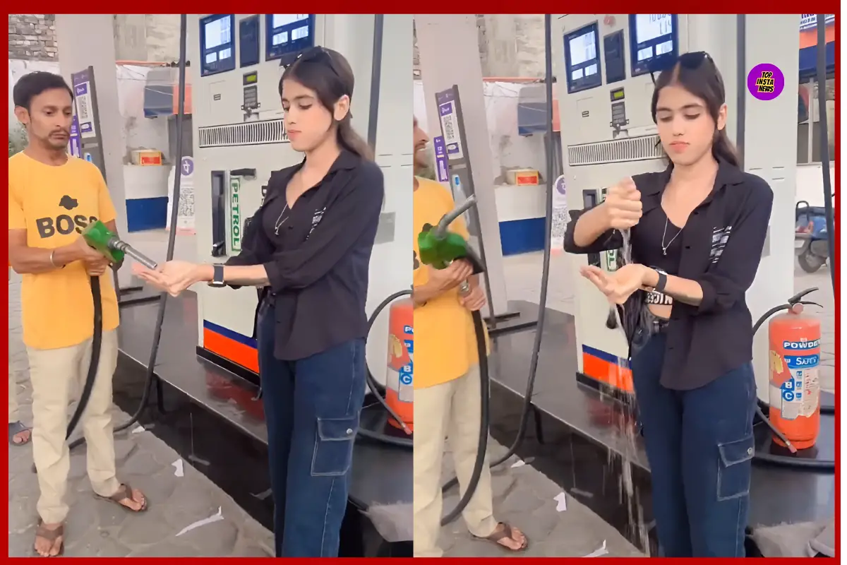 Girl washes hands with petrol